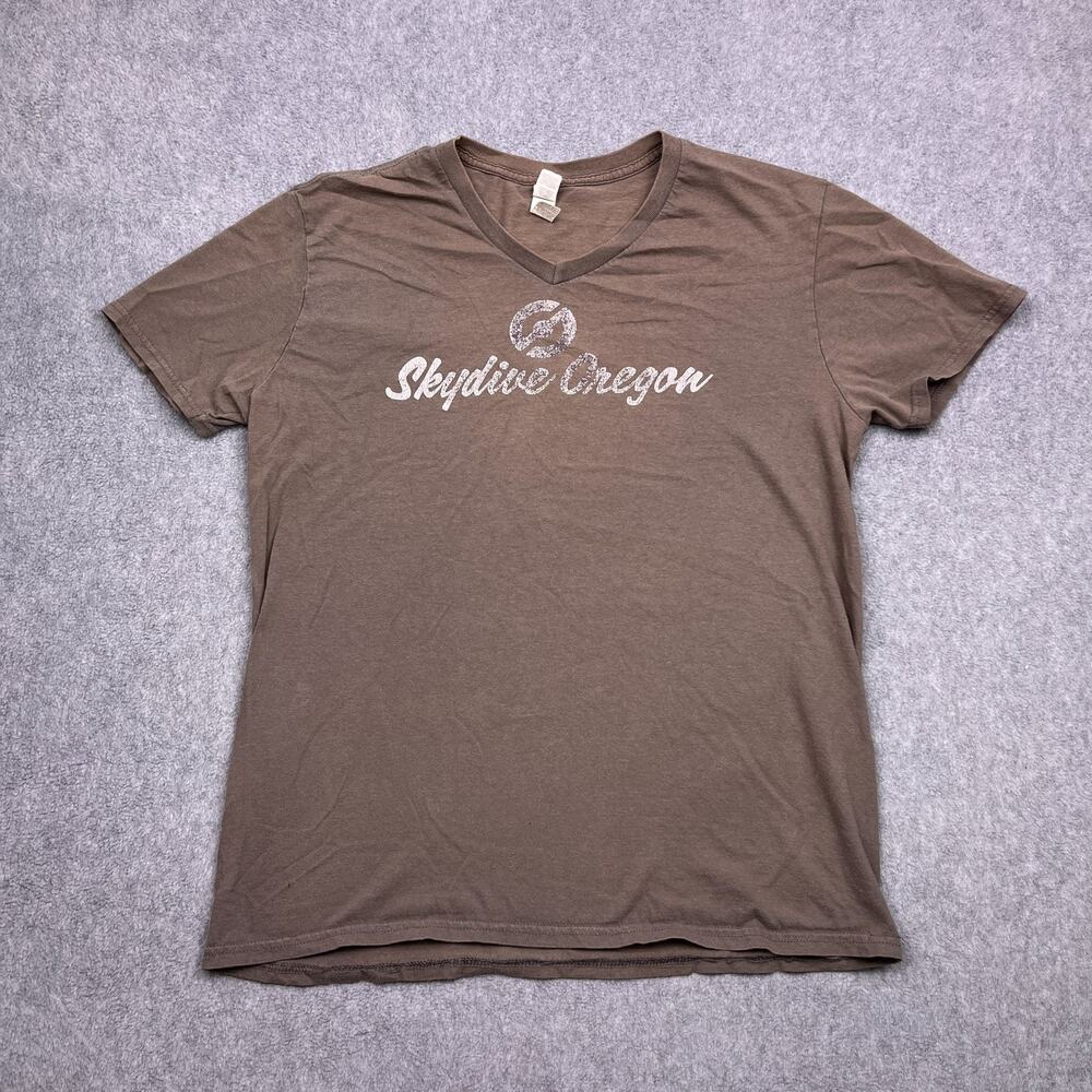 VTG Anvil Skydive Oregon T-Shirt Mens Medium Brown Cotton V-Neck Short Sleeve